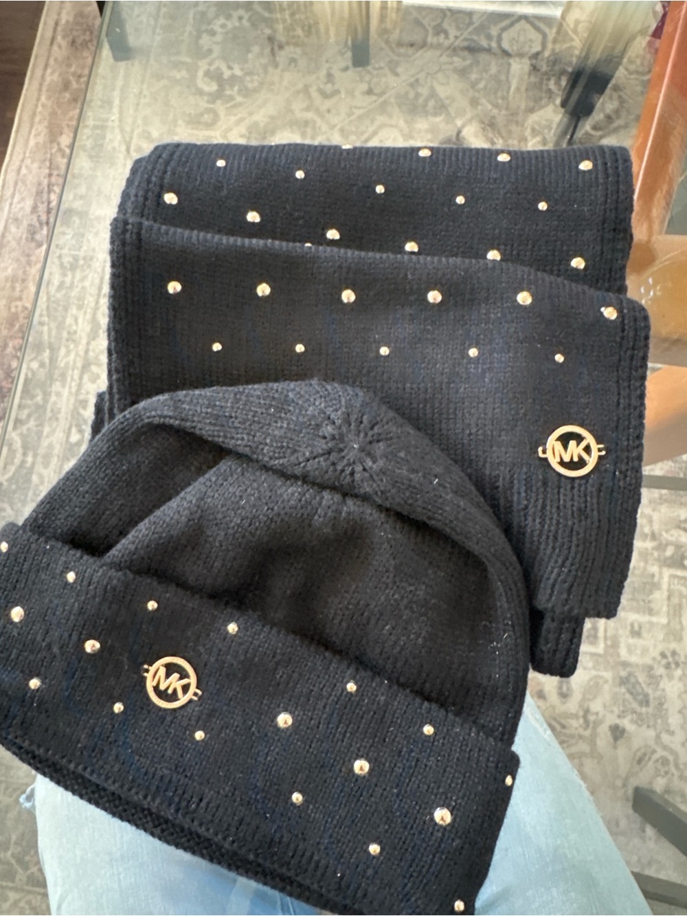 NWOT Michael Kors Black Knit Beanie and Scarf Set with Gold Stud Accents